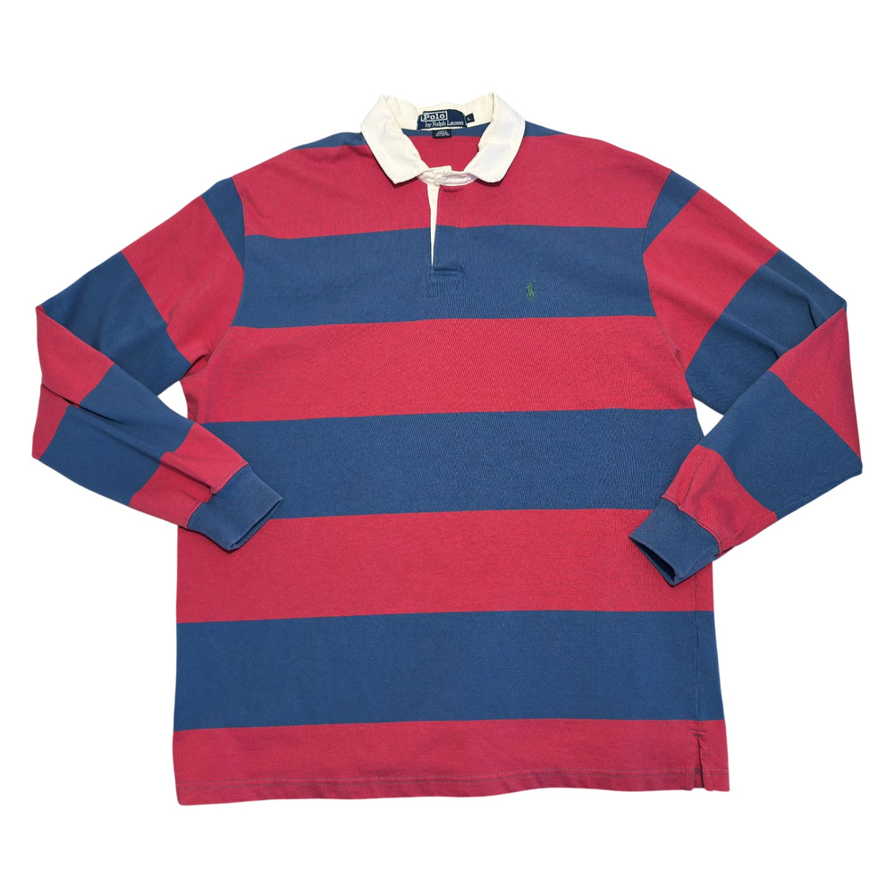 Polo Ralph Lauren Rugby Shirt Mens L Red Blue Striped Rubber Buttons Y2K Preppy